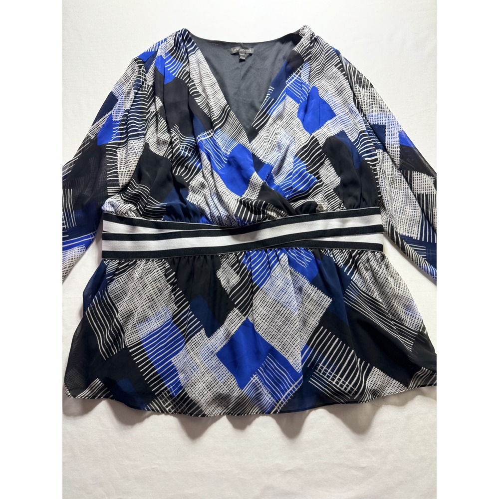 Lane Bryant Blouse Womens 22/24 Blue Black Geometric Abstract Wrap Peplum Top